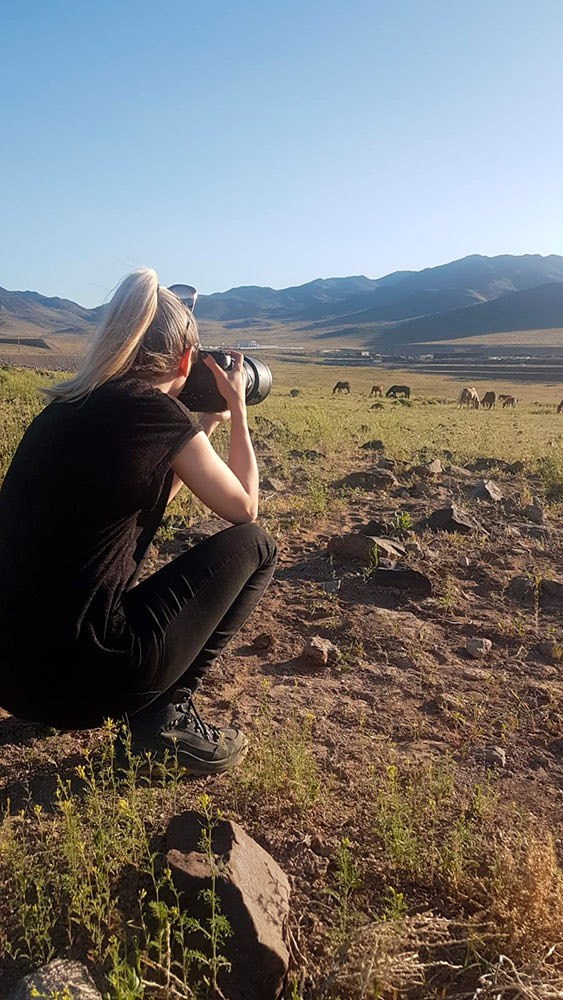 Eine Fotografin in Schwarz hockt im Gelände und fotografiert Pferde in der Ferne mit Bergen im Hintergrund.