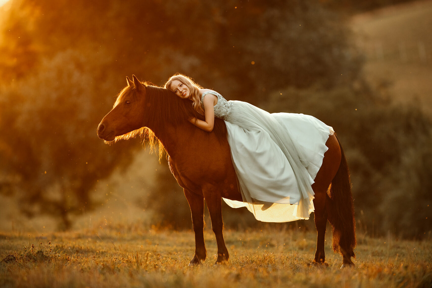 Ein junges Mädchen in einem Kleid liegt lächelnd auf dem Rücken eines braunen Pferdes in einem sonnendurchfluteten Feld.