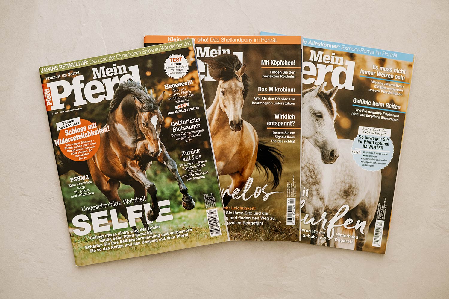 Drei Ausgaben des "Mein Pferd" Magazins liegen nebeneinander auf einer hellen Oberfläche.